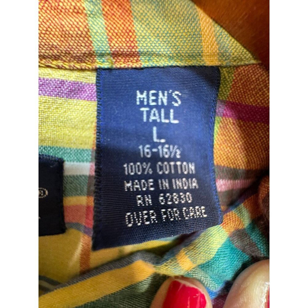 Lands' End Mens Plaid Short Sleeve Shirt Size L Tall Yellow Blue - Picture 3 of 13
